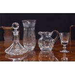 Impressive cut glass pedestal vase, 12" high; ship's decanter with engraved crest and inscription,