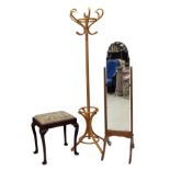 Thonet style bentwood coat and hat stand, 77" high; with a cheval dressing mirror, 59" high and a