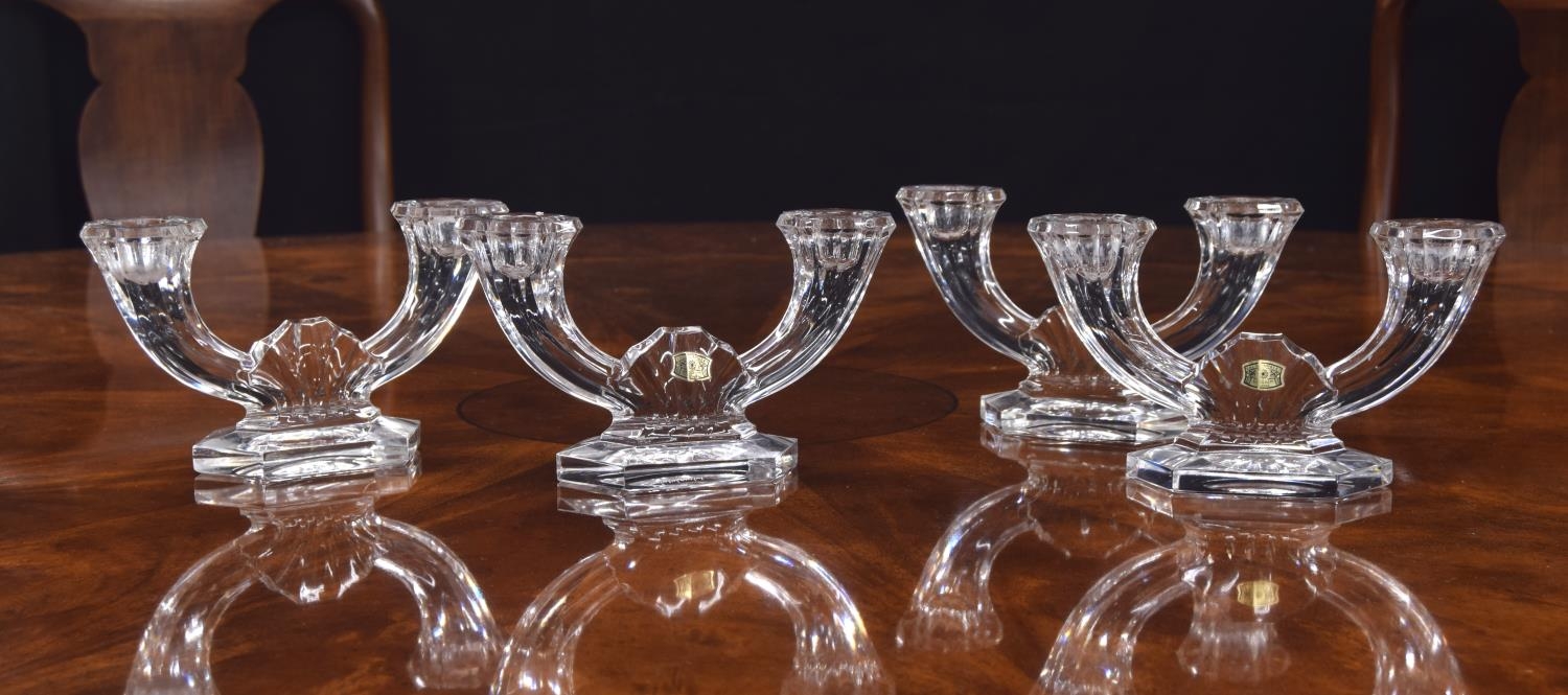 Set of four Val St Lambert crystal twin-branch candlesticks, signed, 4.5" high, 8" wide (4)