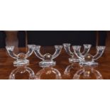 Set of four Val St Lambert crystal twin-branch candlesticks, signed, 4.5" high, 8" wide (4)