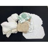 Set of eight French large linen napkins, 36" x 31" approx; white damask place mats, table runners,