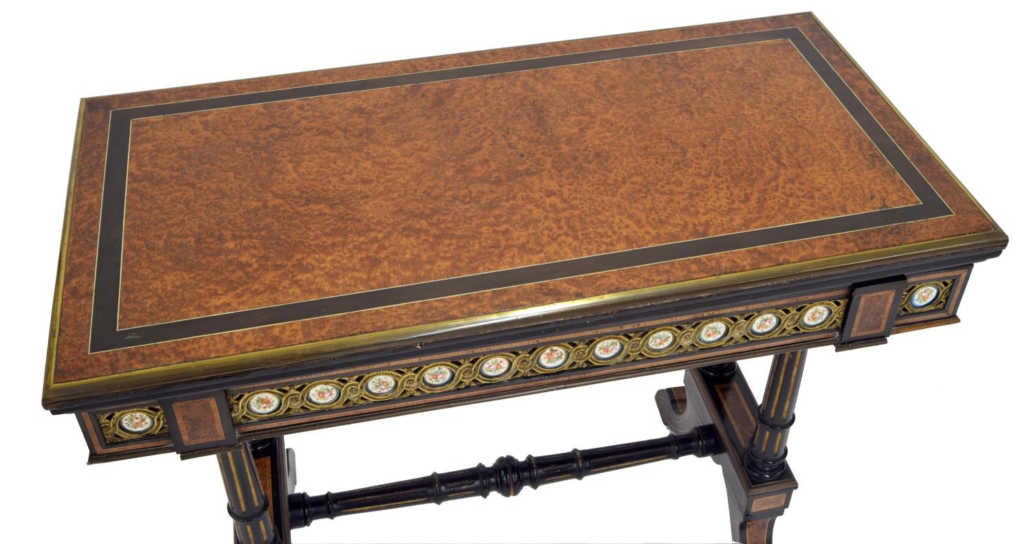 Good matched pair of 19th century ebony and burr yew fold-over card tables, the rectangular tops - Image 7 of 9
