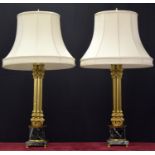Good large decorative pair of French gilt metal and marble cluster column lamps, with shades, 35"