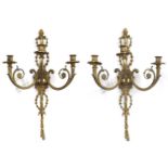 Pair of French Louis XV style cast gilt metal three-branch wall candelabra, 26" high x 16" wide