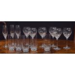 Sevres crystal drinking glasses comprising six wine, five water and three champagne flutes,