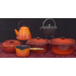 Selection of French cast iron cookware comprising two Cousances casserole pots with covers, 11.5"