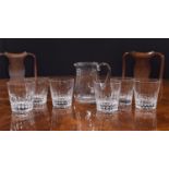 Baccarat cut-glass water jug and six tumbler glasses, etched marks, the jug 7" high, the glasses 4.