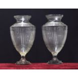 Tall pair of ovoid glass pedestal vases, with fluted decoration upon stepped hexagonal bases, 21"