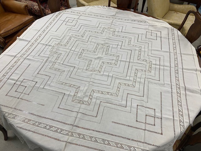 French white jacquard table cloth, 157" x 74" approx;  French ivory table cloth with crochet panels,