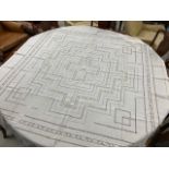 French white jacquard table cloth, 157" x 74" approx;  French ivory table cloth with crochet panels,