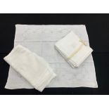 French linen cloth, 71" x 57" approx; with twelve extra large napkins monogrammed 'BL' for the