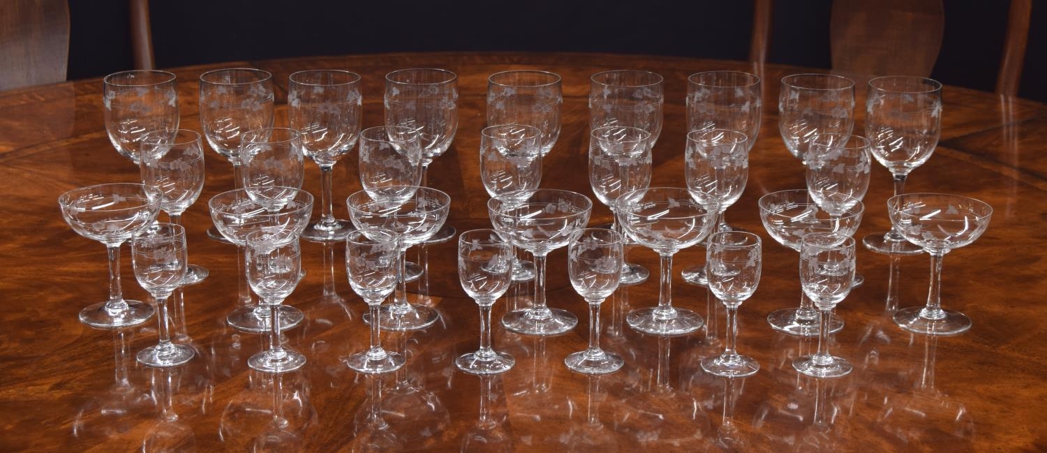 Suite of drinking glasses with engraved floral decoration, possibly Baccarat, comprising seven - Image 2 of 3