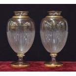 Pair of French glass pedestal vases, possibly Baccarat, with etched and gilded decoration upon