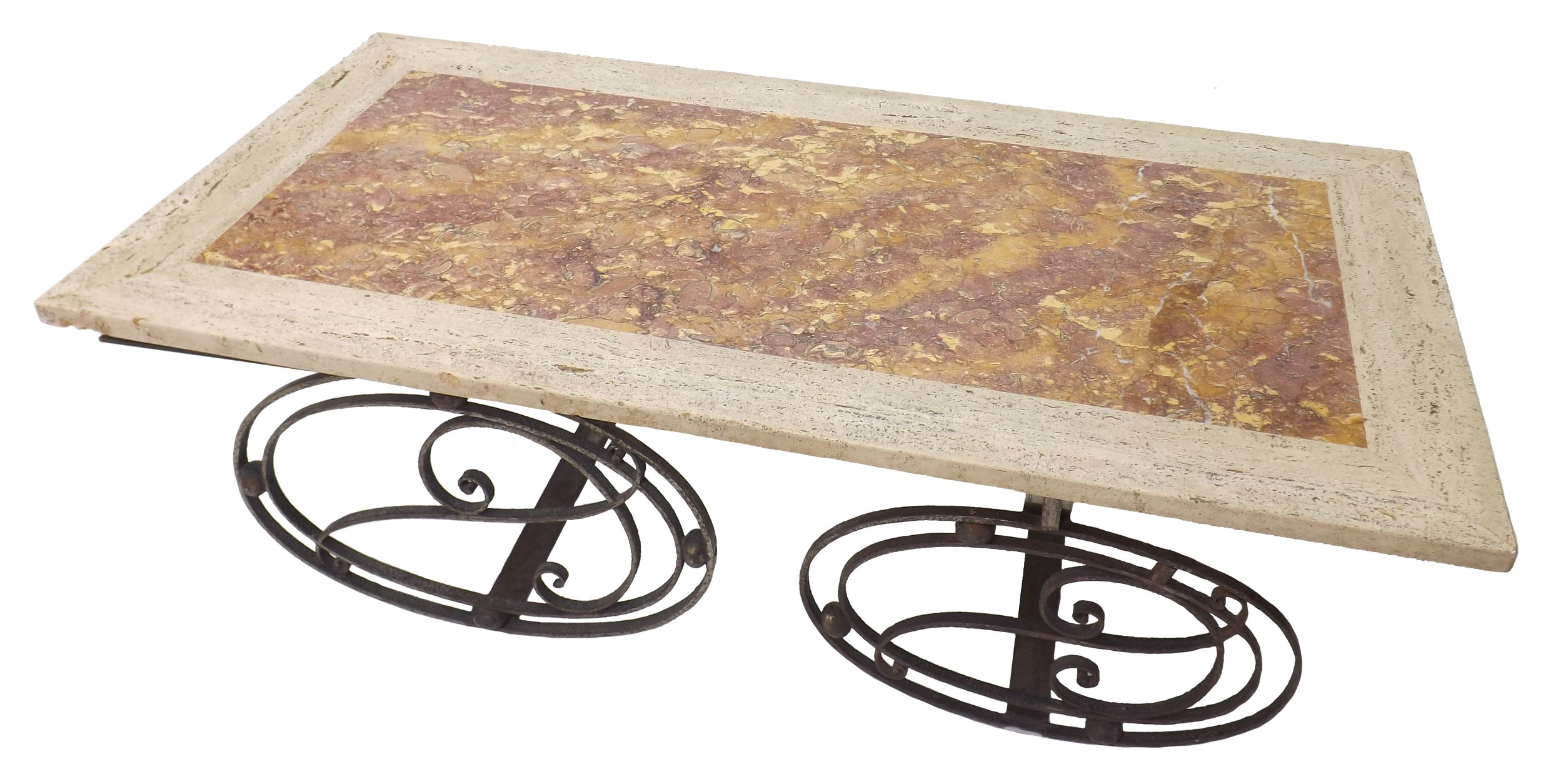 Good quality large Art Nouveau style contemporary marble top coffee table, upon a stylised iron