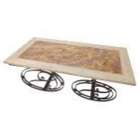 Good quality large Art Nouveau style contemporary marble top coffee table, upon a stylised iron