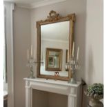 Antique French cream painted and gilded gesso overmantel wall mirror, 57" x 36"
