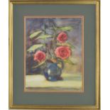 Continental School (20th century) - still life of roses in a blue jug, indistinctly signed and dated