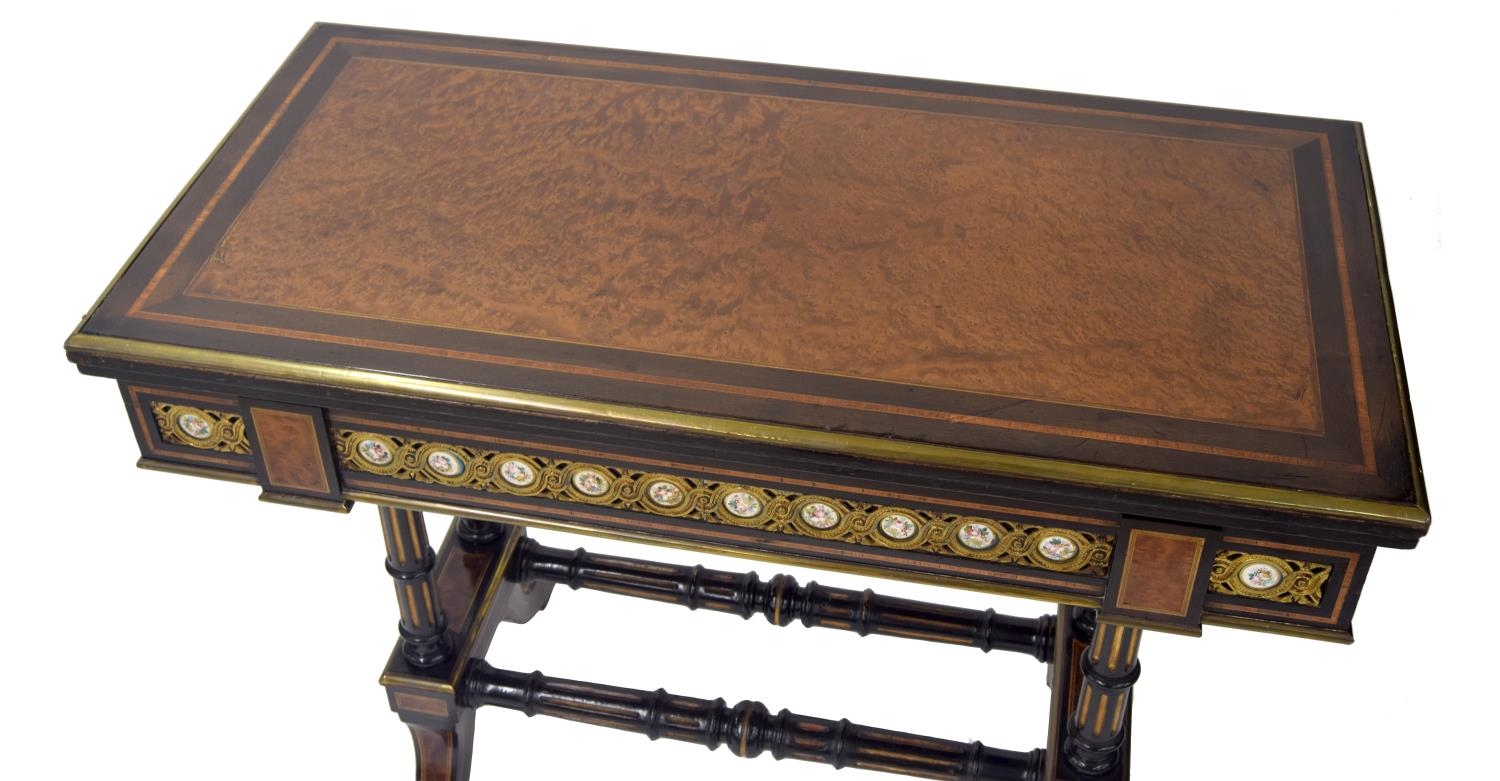 Good matched pair of 19th century ebony and burr yew fold-over card tables, the rectangular tops - Image 6 of 9