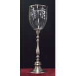 Tall modern chromed candle stand, with a storm shade upon a turned column with circular base, 30"