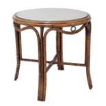 Modern bamboo and wicker circular occasional table with an inset glass top, 30" diameter, 30" high