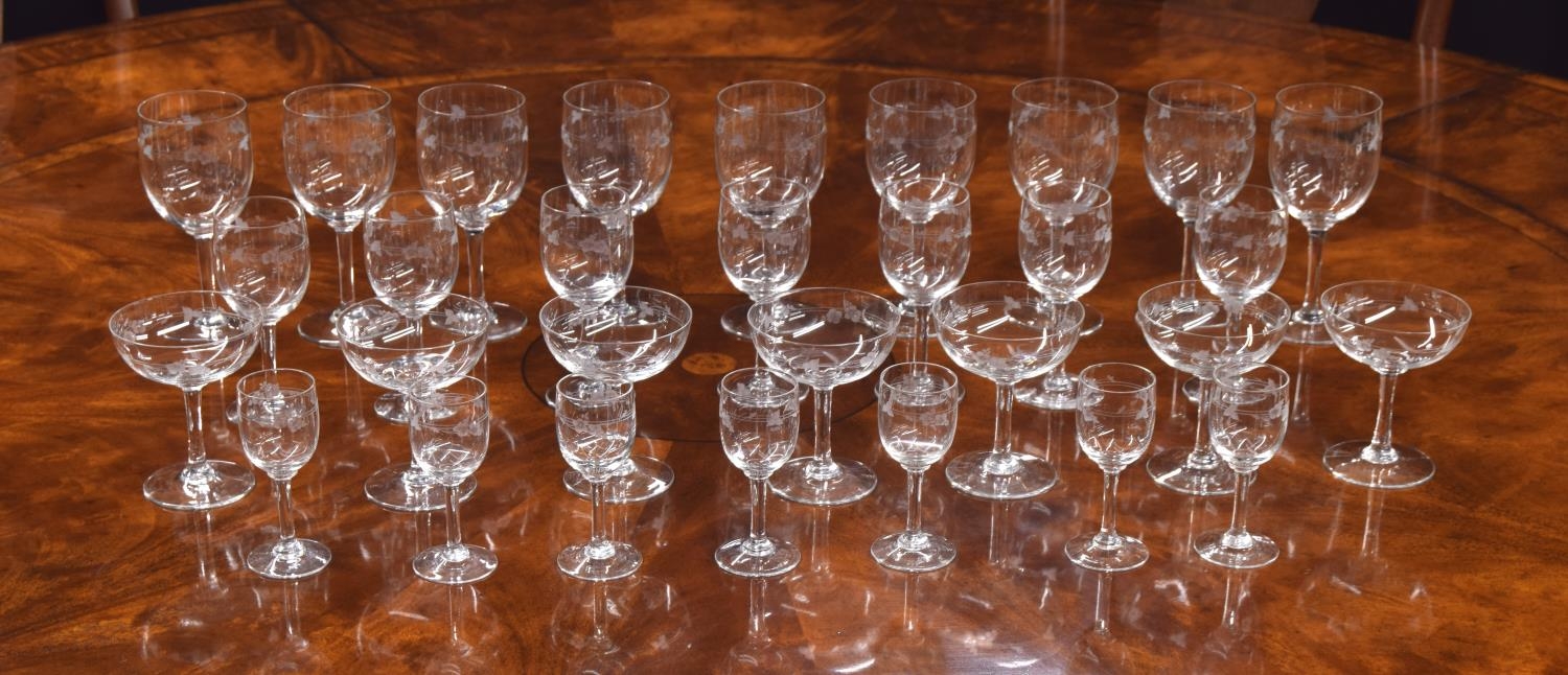 Suite of drinking glasses with engraved floral decoration, possibly Baccarat, comprising seven - Image 3 of 3