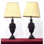 Pair of decorative toleware urn table lamps with pleated silk shades, 30" high overall