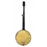 Interesting open back fretless banjo (circa 1880-90), with mother of pearl inlay to the