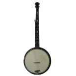 Five string banjo by and stamped J.E. Dallas Maker, Universal Favourite, no. 3035 on the perch