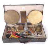 Quantity of various mainly percussion instruments, including two tambourines, thumb piano, Jews