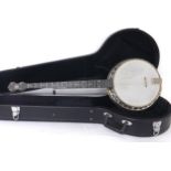 John Grey five string Benares Model banjo, with decorative etched brass resonator and pot, with