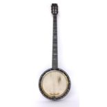 Five string zither banjo circa 1900, the resonator with boxwood banding, the rim and fretboard