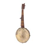 19th century English seven string fretless banjo, with Tunbridge Ware inlay to the fingerboard and