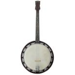 B & S master four string banjo with resonator, with 10.5" skin, mother of pearl dot inlay to the