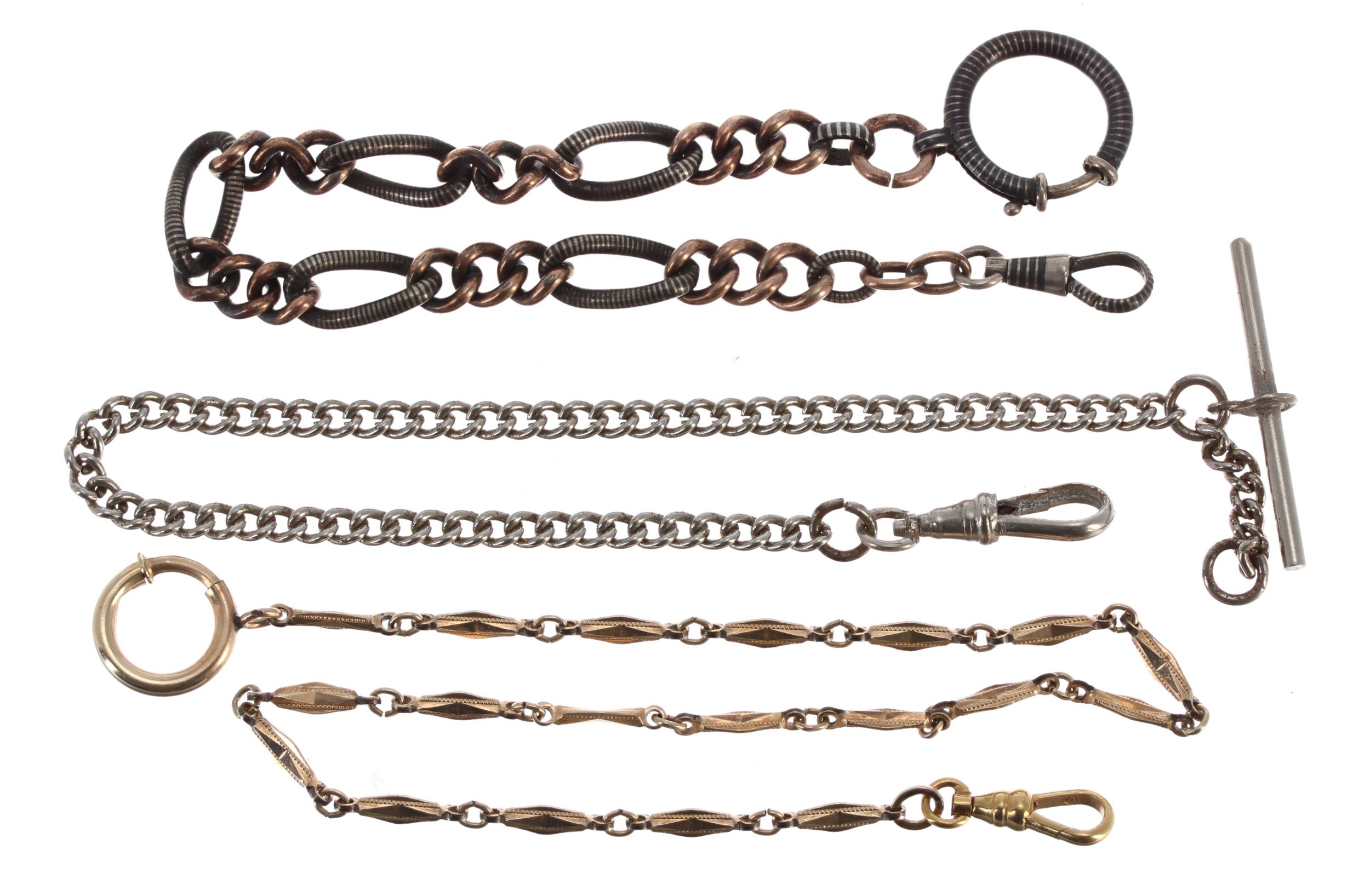 Gilt metal link pocket watch chain with loop and clasp, 14' long approx; together with a curb link