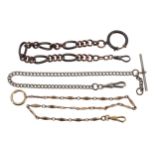 Gilt metal link pocket watch chain with loop and clasp, 14' long approx; together with a curb link