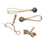 Two 9ct bow fob watch brooches with clasps, also two similar yellow metal hinged clips, 12.1gm in