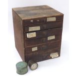 Wooden six drawer watchmaker's chest with assorted contents, 11.25" wide, 13.5" high