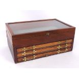 Wooden glass top display cabinet, with three long drawers with brass handles and hinged glass top,