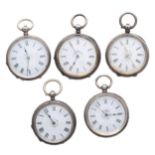 Five silver cylinder engraved fob watches principally for repair