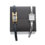 Gucci 3900L gold plated ladies wristwatch, black dial, Gucci black leather strap and buckle, quartz,