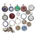 Assorted enamel fob watches for spares or repair, cases and case parts, movements etc