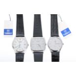 Three Tissot Stylist Quartz stainless steel gentleman's wristwatches, with Tissot leather straps (