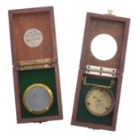 Mahogany hinged deck watch case, labelled 'Issued from H.M. Chronometer Depot, Bradford-on-Avon 20