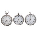 Three silver lever engine turned pocket watches for repair