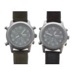 Two Seikos SQ100 Chronograph stainless steel gentleman's wristwatches, ref. 7T32-7E10, quartz,