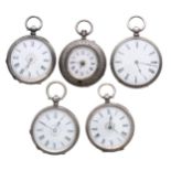 Five silver cylinder engraved fob watches for repair