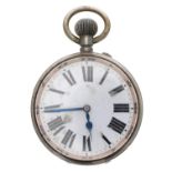 Goliath nickel cased lever pocket watch, unsigned gilt frosted movement with compensated balance and