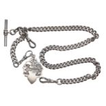 Antique silver curb watch Albert chain, with sliding chain, T-bar, clasps and medallion fob, each