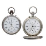 Silver (0.800) chronograph lever hunter engine turned pocket watch for repair, 51mm; together with a