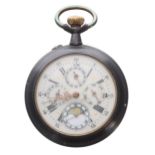Swiss gunmetal calendar lever pocket watch, frosted bar movement with compensated balance and